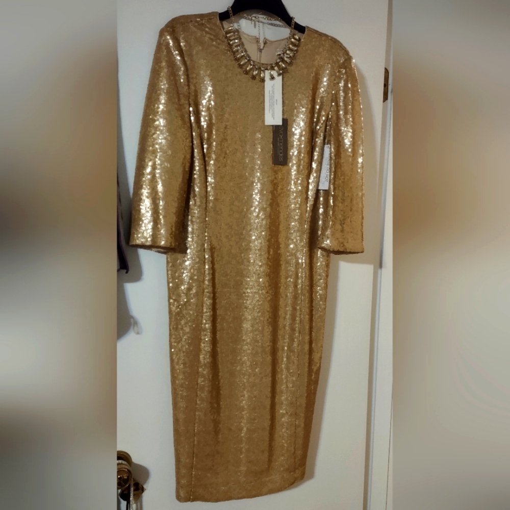 Gold sequins cocktail dress. Eva Mendes NY&Co